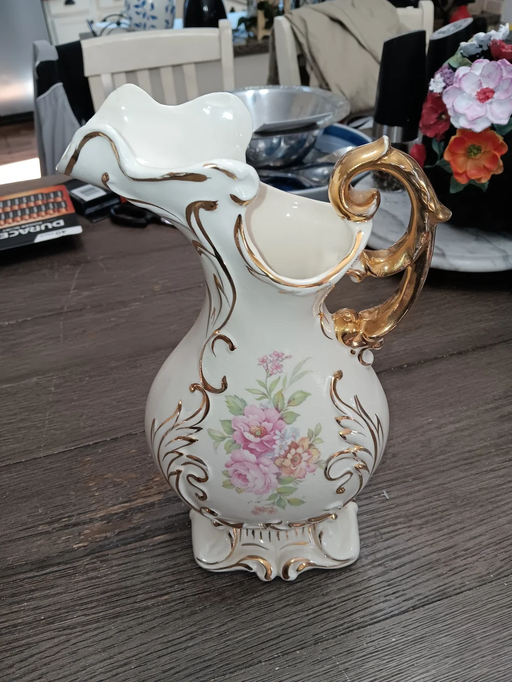 Cream Ceramic Pitcher with Pink Floral Design and Gold Accents